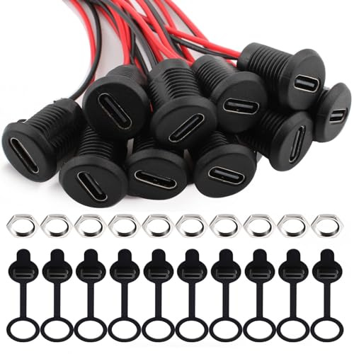 RUNCCI-YUN 10PCS USB Type-C Soldering Panel Mount Socket 2Pin USB C DIY Pigtail Bare Wire Power Cable, with Dust Covers and Nutswith PD Function 150mm 24 AWG Wire (Black)
