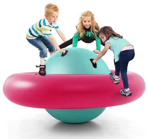 DREAMADE 233cm Kuppelwippe aufblasbar, Spielwippe mit 6 Griffen, aufblasbar Kletterkuppel für 3 Kinder ab 5 Jahren, bis zu 113kg, für Hinterhof Garten (Grün + Rosa, φ 223)