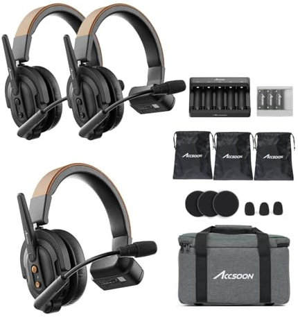 Accsoon Como SE 3-Personen-Wireless-Intercom-Headset-System 1 Host 2 Fernbedienung, 2,4 GHz Vollduplex mit Flip-to-Mute, 30 Stunden Akkulaufzeit für die Kommunikation der Besatzung Gruppengespräche