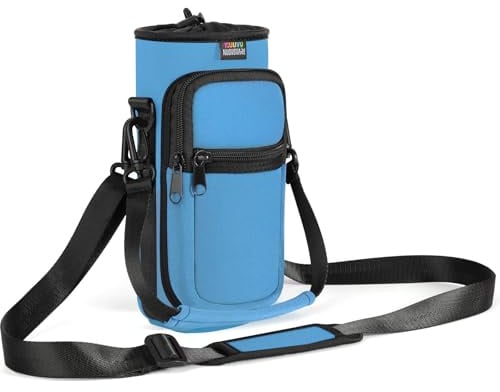 Nuovoware Water Bottle Carrier Bag, 750ml Bottle Pouch Holder, Adjustable Shoulder Hand Strap 2 Pocket Sling Neoprene Sleeve Sports Accessories for Hiking Travelling, Azure Blue