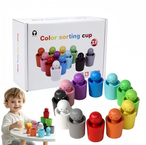 qixiang 12Pcs Colour Sorting Cups,Wooden Colored Peg Dolls in Cups,Brightly Colored Colour Sorting Toys for Toddlers to Cultivate Cognitive Abilities