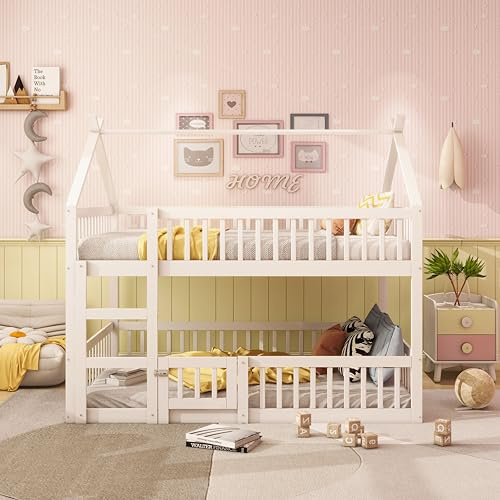 Etagenbett 140x200 cm, Kinderbett Massivholz Doppelbett, Familienbett für 2 Kinder, Hochbett mit Rausfallschutz, Stockbett mit 1 Lattenrost, Jugendbett Spielbett, ohne Matratze (Weiß, 140x200Cm)