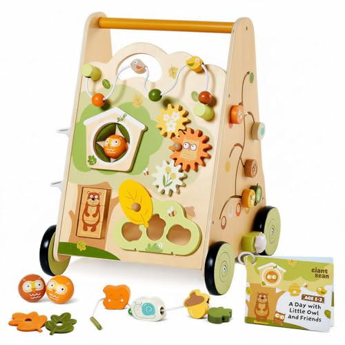 Baby Lauflernwagen aus Holz Aktivzentrum verstellbar & rutschfest ab 1 Jahr | 8-in-1 Wooden Push Walker Mehrfarbig Spiel Lauflernhilfe Aktivitätszentrum, Rutschfesten Rädern