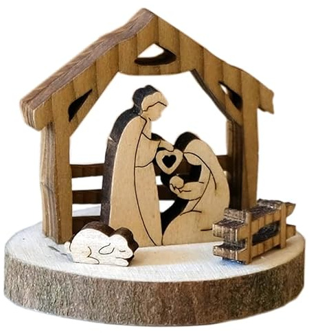 Kaltner Präsente Geschenkidee - Holz-Weihnachtskrippe Miniatur auf Rindenscheibe Jesus, Maria und Kind, Krippen Deko Weihnachten (Höhe 5 cm)