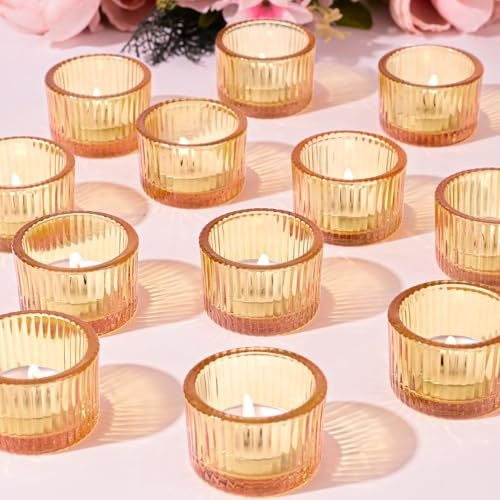 Lot de 12 bougeoirs Chauffe-Plat dorés, Petits bougeoirs nervurés en Verre pour fête de Mariage, fête prénuptiale, Centre de Table, décoration d'intérieur