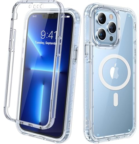Diaclara Magnetic for iPhone 13 Pro Max Case 6.7-Inch, Full Body Bumper Case with Built-in Touch Sensitive Anti-Scratch Screen Protector, [Full Camera Protection] Flip Case (Clear)