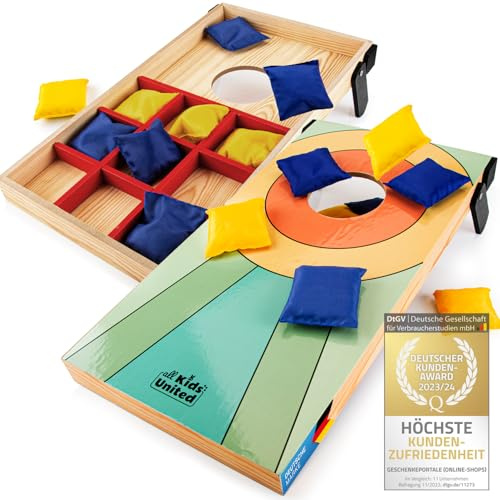 ALL KIDS UNITED® Mini Cornhole-Spiel Kinder Holz Wurfspiel In- & Outdoor | Fördert Zielgenauigkeit, schnelles Sackloch Spiel für Garten & Kinderzimmer, robustes Holz-Design mit bunten Sandsäckchen