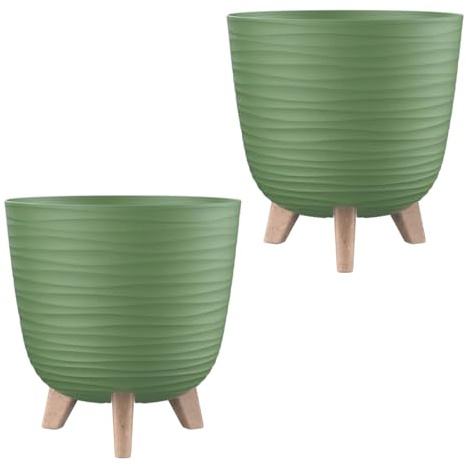 Engelland - 2 x Blumentopf mit Füßen & Bewässerungssystem, Pflanzkübel, Übertopf, Rund, Moos-Grün, Ø 28 cm, Wellenmuster, Innen- & Außenbereich, Drainagesystem & Wasserspeicher, Kunststoff