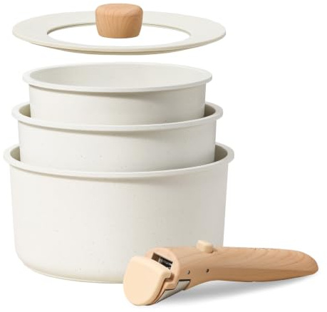 CAROTE 5-Piece Saucepan Set Nonstick with Detachable Handle(Cream White) | Saucepot with Lid,NonStick Cooking Set, Oven/Dishwasher/Fridge Safe, Space Saving