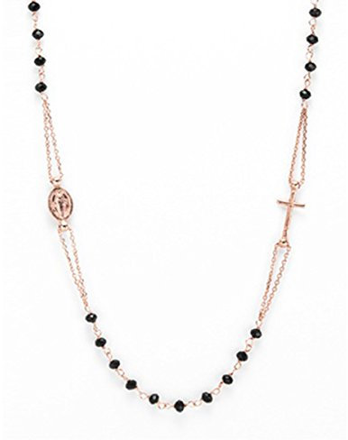 Sinfonie Collana Rosario Girocollo in Argento 925 con Pietre o grani a scelta, Croce e Medaglietta Madonna 47 cm - Made in Italy (Rosa/Nero)