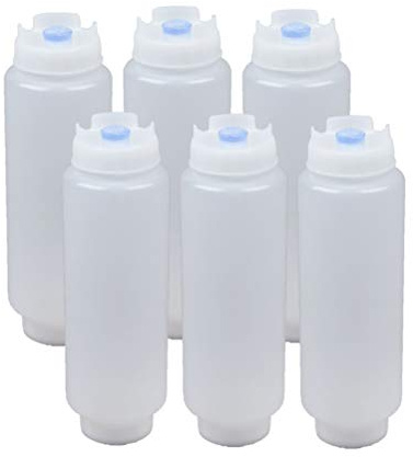 FIFO Squeeze Bottle Refillable 16 oz | Blue Tip Large Valve Dispenser for Thick Condiments, Sauces, Batter and Dressing | Self Sealing No Drip No Hassle | (6 Pack)