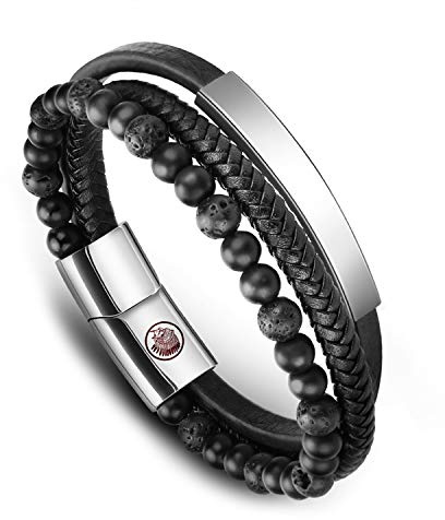 Casisto.J Mens Leather Bracelet – Classic Handmade Braided Black & Brown Cuff Bracelet with Engraved Magnetic Clasp Free Jewelry Gift Boxed