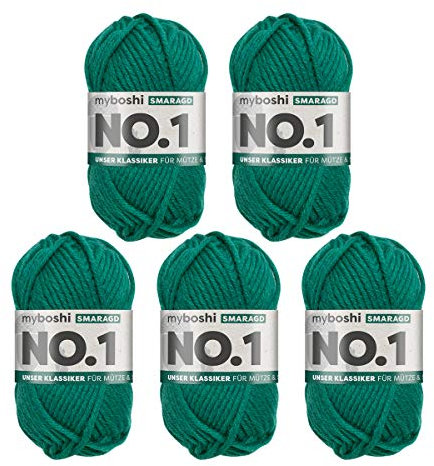myboshi No.1 Wolle zum Häkeln und Stricken, Schnellstrickgarn, langlebige Mützenwolle, Strickwolle, Häkelwolle, mulesing-frei, 50g, Ll 55m Grün (Smaragd) 5 Knäuel