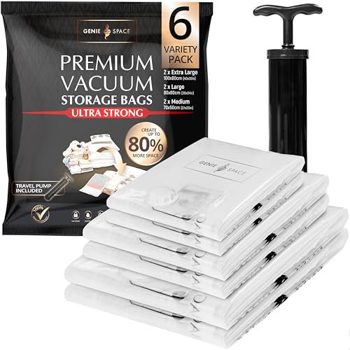 GENIE SPACE - Unglaublich starke Premium platzsparende Vakuumbeutellagerung | Variety 6 Pack (2XL+2L+2M) | Luftdicht & wiederverwendbar | Erstellen Sie 80% mehr Platz | Für Kleidung usw.