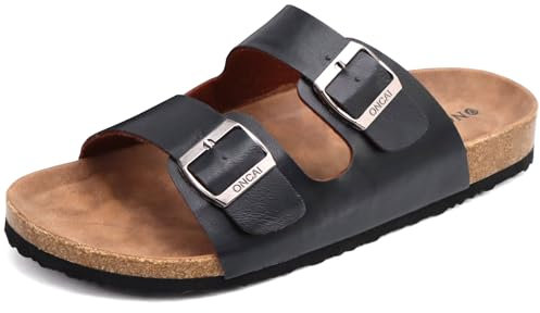 ONCAI Men's Slides Sandals Beach Lightweight Flat Cork Sandals and Casual Sliders with Two Adjustable Straps Black Size 10
