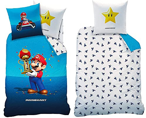 Super Mario Kart Kinder-Bettwäsche Champion Trophy 135x200 + 80x80 cm 100% Baumwolle Renforce Luigi Peach Bowser Yoshi Kugelwilli Buu Huu Rakete Stern Blauer Panzer deutsche Größe Reißverschluss
