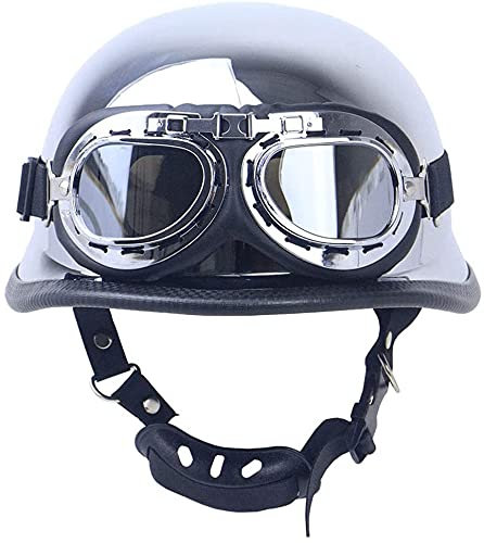 Motorrad Halbhelm Zugelassene deutsche Vintage Vintage Cruiser Helmkappe mit Pilotenbrille, Spiegel Silber Chrom Chopper Scooter Crash Retro Moped Moto Helme
