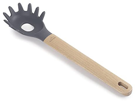 LACOR 68189 Cuchara de Pasta Silicona Unite, Servidor de Espaguetis Profesional, Mango de Madera de Haya, No Daña la Sartén, Resistente a Altas Temperaturas, Libre de BPA, 32.5 cm, Gris