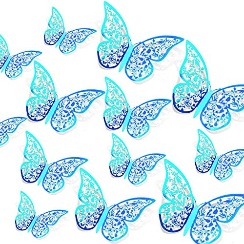 AIEX 24 Stück 3D Schmetterlinge Ornamente Wandaufklebe Schmetterlinge Deko Wandtattoos Vivid Abnehmbare Wanddeko Aufkleber Abziehbilder (Regenbogenblau)