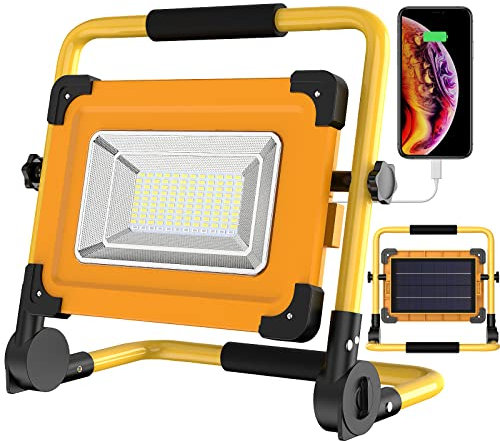 Luz de Trabajo LED Solar Portátil 100W, 120 LED Foco de Trabajo Recargable por USB y Solar, 4 Modos Impermeable 14000mAh Baterías Power Bank para Reparación de Automóviles, Garaje, Taller, Camping