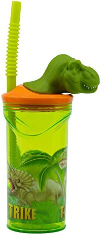 Stor Vaso Infantil Reutilizable con Pajita y Tapa con figurita 3D y Capacidad de 360 ml de Dinosaurios