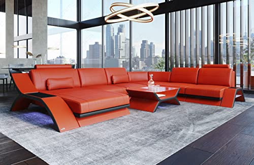 Ledersofa Calabria XXL Sofa Wohnlandschaft in Leder mit Kopfstützen USB Beleuchtung integrierter Steckdosen U Form Designersofa Couch (Ottomane Links, Orange-Schwarz)