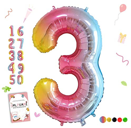 Smlpuame 102cm Folienballon Zahlen Luftballon 0-9 Geburtstag Regenbogen Farbverlauf, Große 3 Ballons für Geburtstagsfeier Feierdekorationen, Heliumfolien Zahlenballons für Hochzeitstag