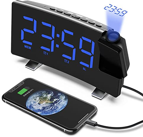 Alarm Clock Projection Alarm Clock with FM Radio,USB Charger, 8LED Mirror Screen Big Digit, 180° HD 5-meter Alarm Clock with Snooze Function/3 Dimmer/Dual alarm clock /Power Failure Memory