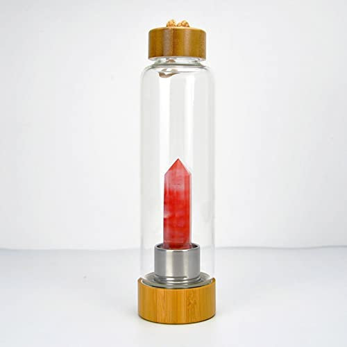 BiiKoon Crystal Infused Water Bottle Healing Natural Gemstone Energy Stone Water Cup with Bamboo Cover Removable Amethyst Gravel Quartz Glass Bottles (Color : Red Smelt Crystal, Size : 500ml)
