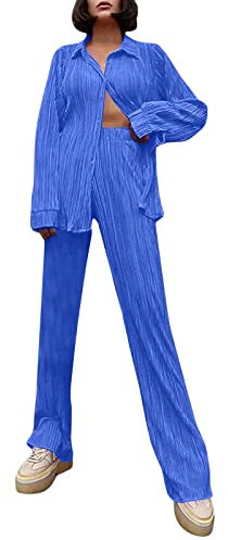Plissee Damen Set, Zweiteiler Damen, Damen Zweiteiler Plissee Set Elegant Hosenanzug Langarm Bluse + Weites Bein Hose Sommer Herbst Outfit Casual Loungewear Streetwear Freizeithose Sommer (Blue, M)