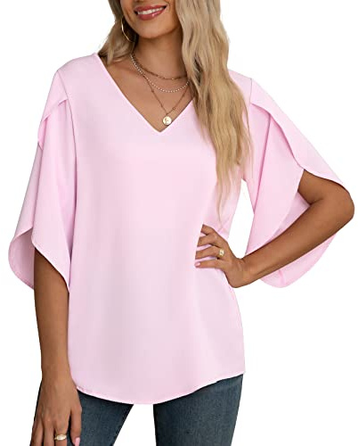 Yommay Chemisier d'été en mousseline de soie pour femme - Élégant et décontracté - Manches 3/4 à volants - Col en V