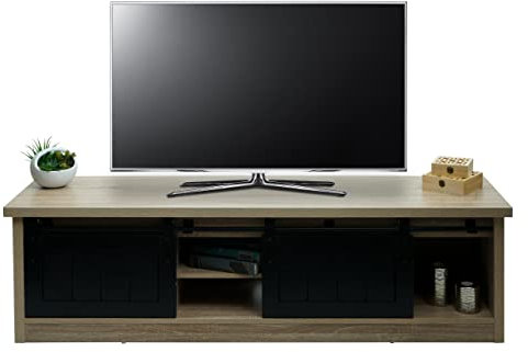 Mendler TV-Rack HWC-K75, Fernsehtisch TV-Board, Schiebetüren Staufächer, Holz-Optik Industrial Metall 43x150x40cm - naturfarben