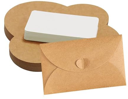 60 Stück Kraftpapier Umschläge mit 60 Blanko Papier Karten, Klein Briefumschlag mit Herz Verschluss, Mini Kraftpapier Briefumschläge für Dankeskarten Einladung Geburtstagskarten