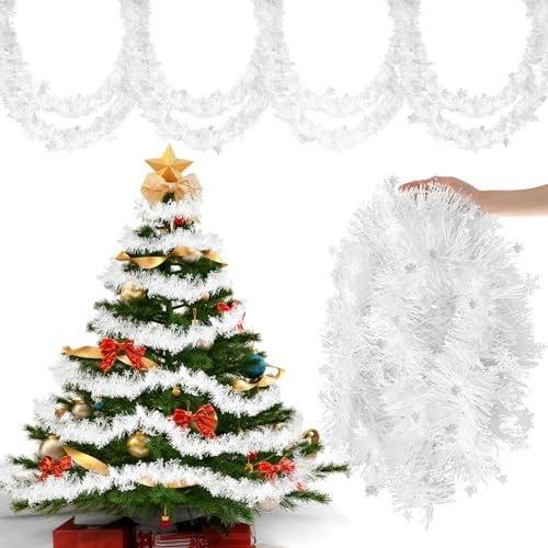 Aitsite 10M/Pack of 5 Lametta Weihnachtsbaum, Lametta Weiß Weihnachtsdeko Schneeflocke Weihnachtsbaum Girlande Weihnachten deko Party Weihnachtsfeier Hängende Geburtstagsparty Dekoration