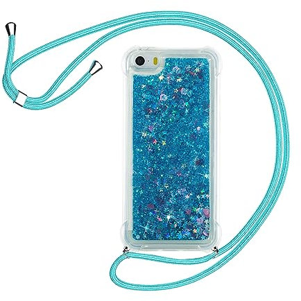 HomiTunky Handykette für iPhone 5/5S/SE Hülle mit Band,Silikon Durchsichtig Transparent Flüssig Glitzer mit Kette Kordel Bumper Treibsand Necklace TPU Schutzhülle iPhone 5/5S/SE Case,Blau