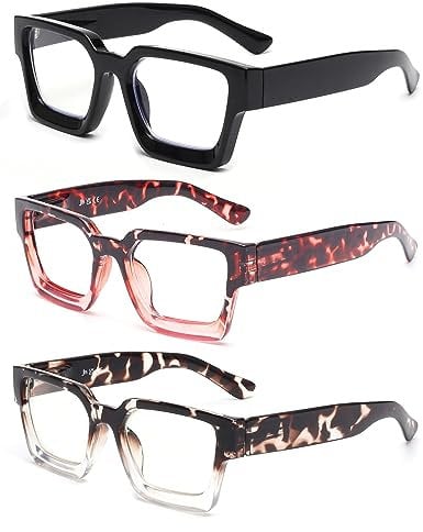 JM 3 Pack Square Reading Glasses for Women Men, Oversized Rectangle Spring Hinge Readers Blue Light Blocking +2.5