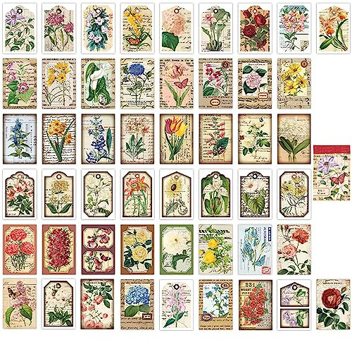 50-Stücke Blume Stickers Washi Aufkleber, Vintage ästhetische Aufkleber für Journaling, DIY Dekorative Papier Aufkleber Aufkleber für Journal Art Scrapbooking Tagebuch Karte Handwerk Geschenk Album