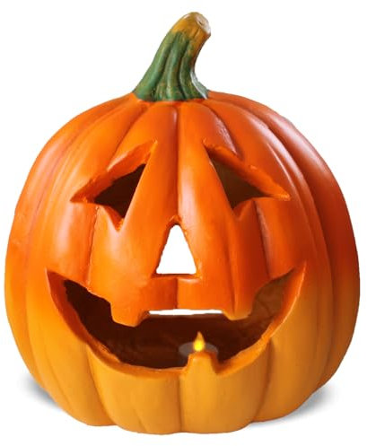 XXL Kürbis-Laterne als LED Halloween-Deko Set in 28x25 cm - Großer Keramik Jack-O-Lantern Deko-Kürbis als Outdoor Grusel-Deko - Kürbis-Deko als innen Herbst-Deko und Draußen Garten-Deko