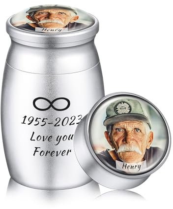 OTXIXTO Personalisierte Kleine Kremation Asche Halter Aluminium Urne Glas Deckel mit Gravur Foto/Name Individueller Asche Andenken für Mensch Haustier Hund Katze (Silber)