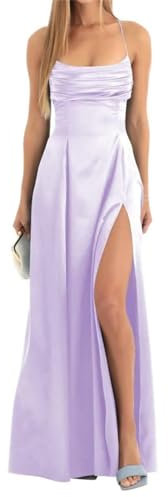 Spaghettiträger, Satin, Brautjungfernkleider, lang, für Damen, formell, plissiert, Aline, Korsett, Ballkleid mit Schlitz, Flieder, 32