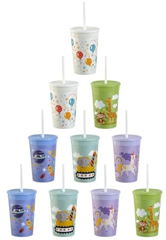 ENGELLAND Lot de 10 gobelets pour enfant avec couvercle et paille, sans BPA, mélange coloré, gobelets en plastique, gobelets de fête, réutilisables, 0,33 l