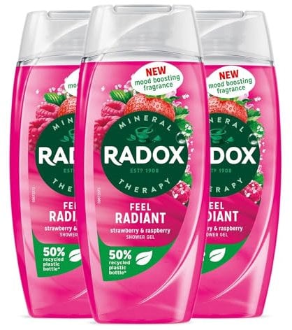Radox Mineral Therapy Shower Gel Feel Radiant with Nature Inspired Mood Boosting Fragrance Body Wash for Women Blended with Strawberry and Raspberry, 225ml (Buy 3)