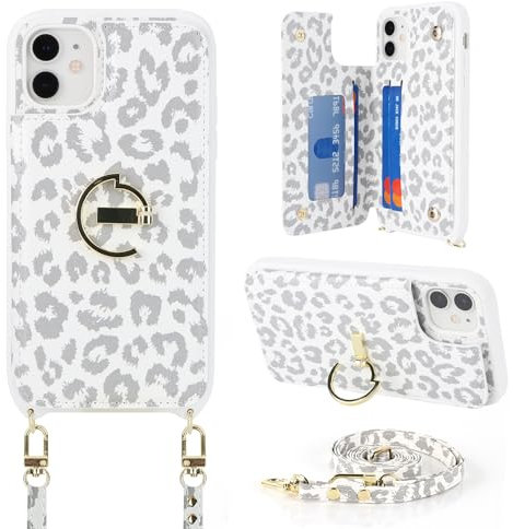 Havaya für iPhone XS Max Hülle mit Band Kartenfach handyhülle iPhone XS Max mit Band Portemonnaie Damen Reißverschluss Ring Ständer Case - Weißer Leopardendruck