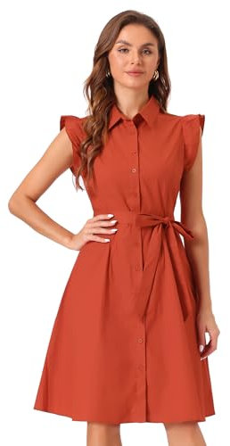 Allegra K Vestido Camisero A Media Pierna De Algodón con Cinturón Y Manga con Volantes Y Cierre De Botón para Oficina De Trabajo para Mujer Naranja Quemada XL