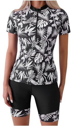 Women Modest Swimwear with Shorts Two Piece Swimsuit Short Sleeve Rash Guard Sets Tummy Control Swimwear Swimming Costume Burkini Hawaiian Leaves Surfing Bathing Suits Ladies UK Clearance Black