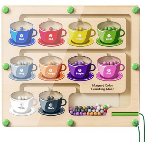 AOTISBAO Magnetic Color and Number Maze Montessori Toys for 3+ Year Old Wooden Learning Puzzle Board for Counting and Matching Toddler Fine Motor Skills Toys (Coffee cups)