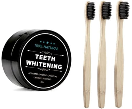 3x Bambus Bio Zahnbürste 100% Organic +1 x Aktivkohle Pulver Zahnpflege Zahnaufhellung Zahnweiss Natur bleaching weisse weiss aus Kohle Kokosnuss Zahnaufhellung weisser natuerliche Aktivkohle Set