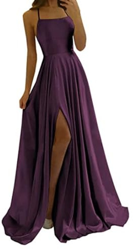 Generisch Abito da sera da donna, con spacco in tulle, elegante, lungo, lungo, sexy, tinta unita, elegante, Lilla, L