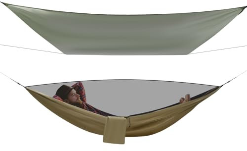 Amaca da campeggio, 290 x 140 cm, amaca da viaggio con zanzariera e papillon pioggia, per zaino e viaggi, fino a 200 kg (verde militare)