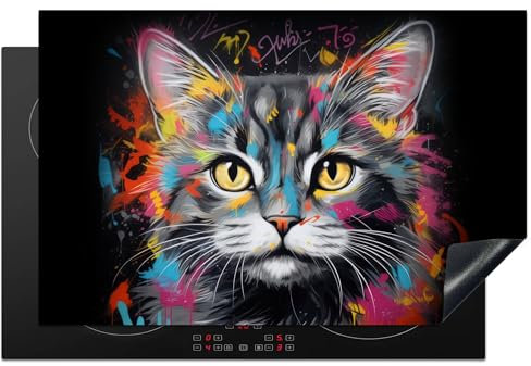 KitchenYeah© Protection Pour Plaque Induction 80x52 cm Plaque de Deco Cuisine Protégé Cache De Cuisson Vitroceramique Chat - Graffiti - Animaux - Couleurs - Gris